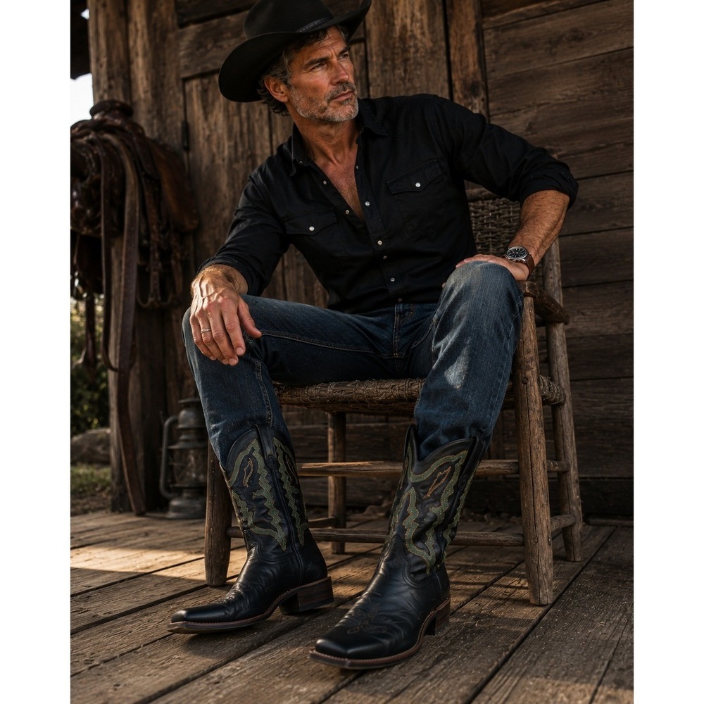 R Watson Mens Boots Black Cowboy Leather 7000 2 Square Toe Western Stitch 12 EE